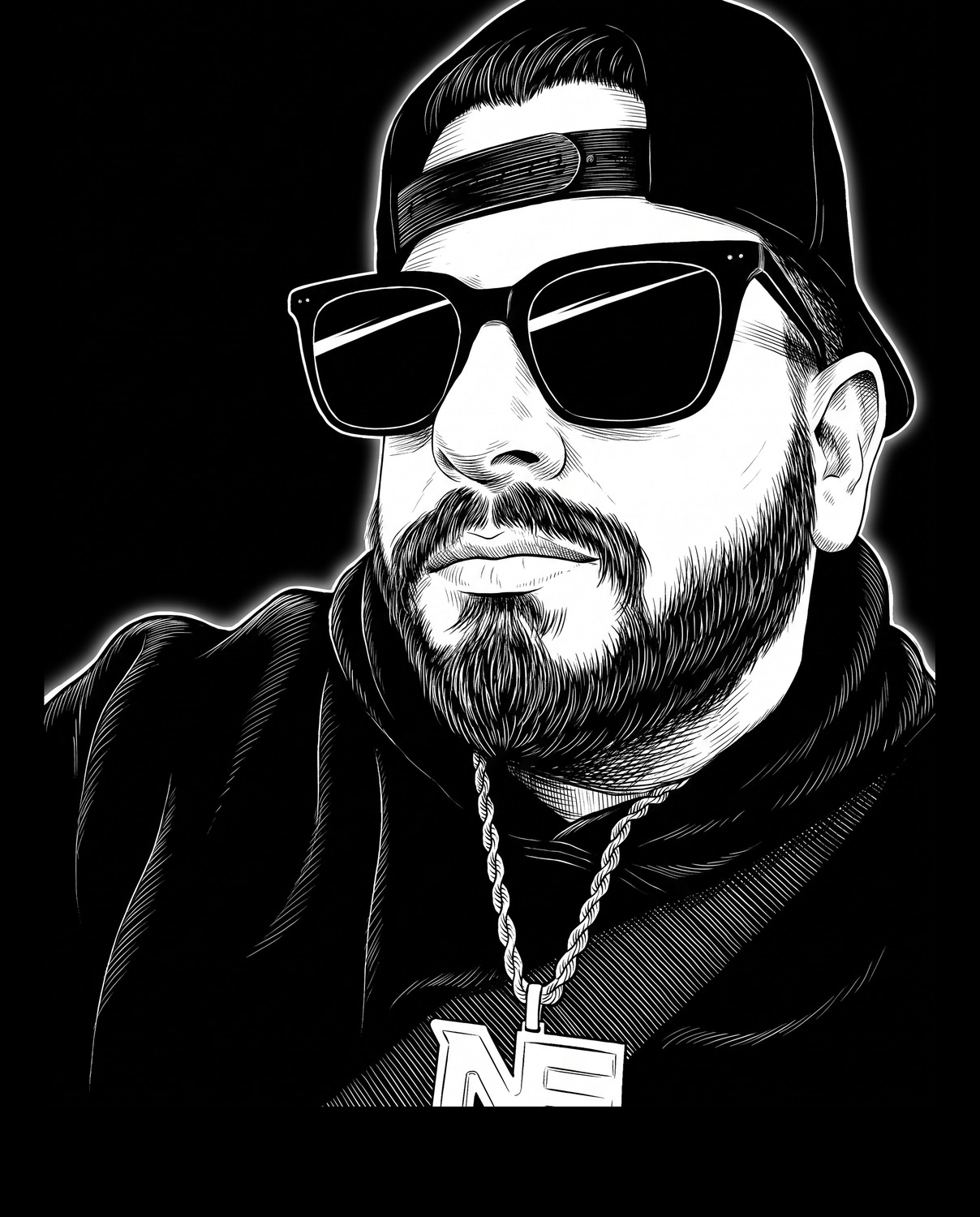 Derek Schulz, Vice President of New Era Epoxy Floors, drawn in the same scratchboard style as Juan